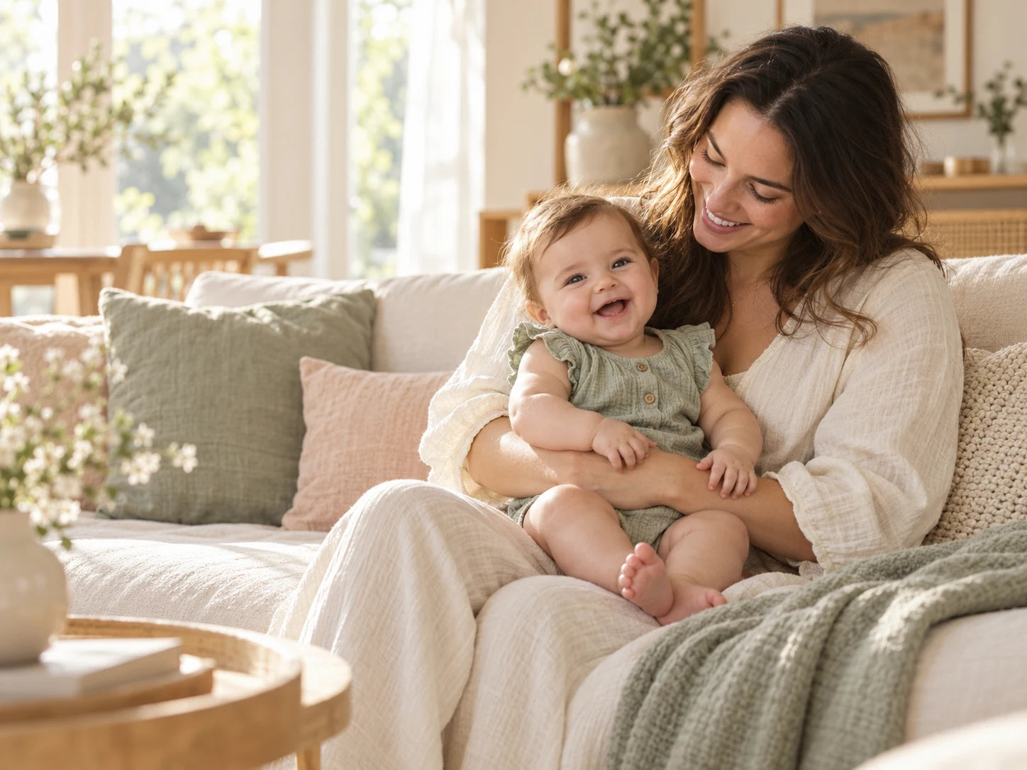 Illustrative warm family moment with a mother cuddling her smiling baby